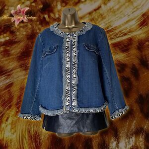 AMX Blue Denim Jacket with White and Black Zebra Print Trim & Frayed Edges